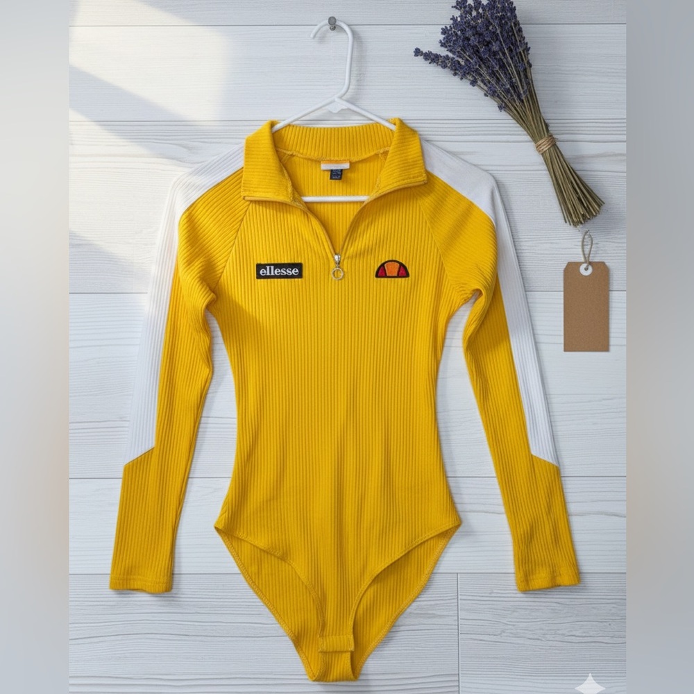 ELESSE LINARI Women’s Yellow Long Sleeved Bodysuit with a Half Zip High Neck
